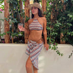 Halter Strap Sexy Backless Low Waist Tube Top Bikini Striped Printed Split Swimsuit Bikini Thunder