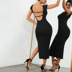 Vestido tubo ajustado y adelgazante para mujer, sexy, con espalda descubierta y escote pronunciado.