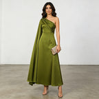 Gorgeous High End Dress Summer Asymmetric One Shoulder Pleated Waist Tight Solid Color Maxi Dress Ory