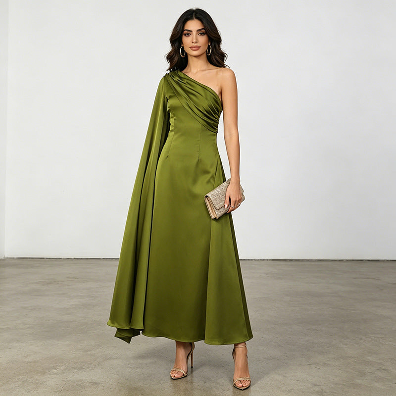 Gorgeous High End Dress Summer Asymmetric One Shoulder Pleated Waist Tight Solid Color Maxi Dress Ory
