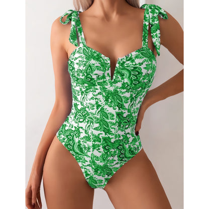 Traje de baño conservador de bikini siamés con estampado digital que cubre el vientre y adelgaza el escote en V.