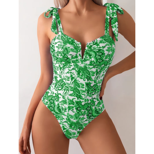Traje de baño conservador de bikini siamés con estampado digital que cubre el vientre y adelgaza el escote en V.