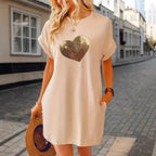 Women Clothing out Heart-Shaped Sequin Embroidery round Neck Casual Short Sleeve Drop Shoulder Sleeve Loose Dress Venly