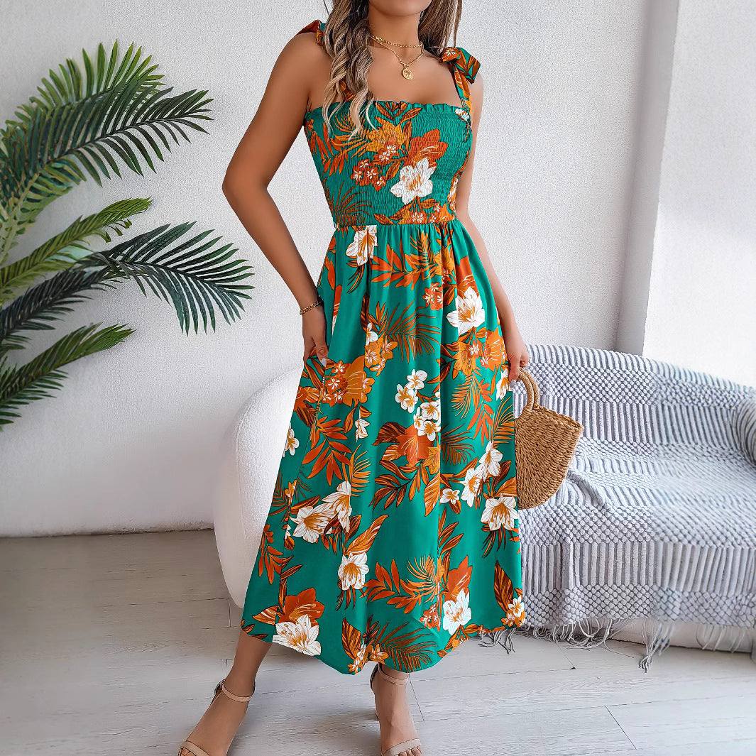 Spring Summer Printing Lace up Waist Dress Vacation Beach Dress Women Clothing BAGIISA