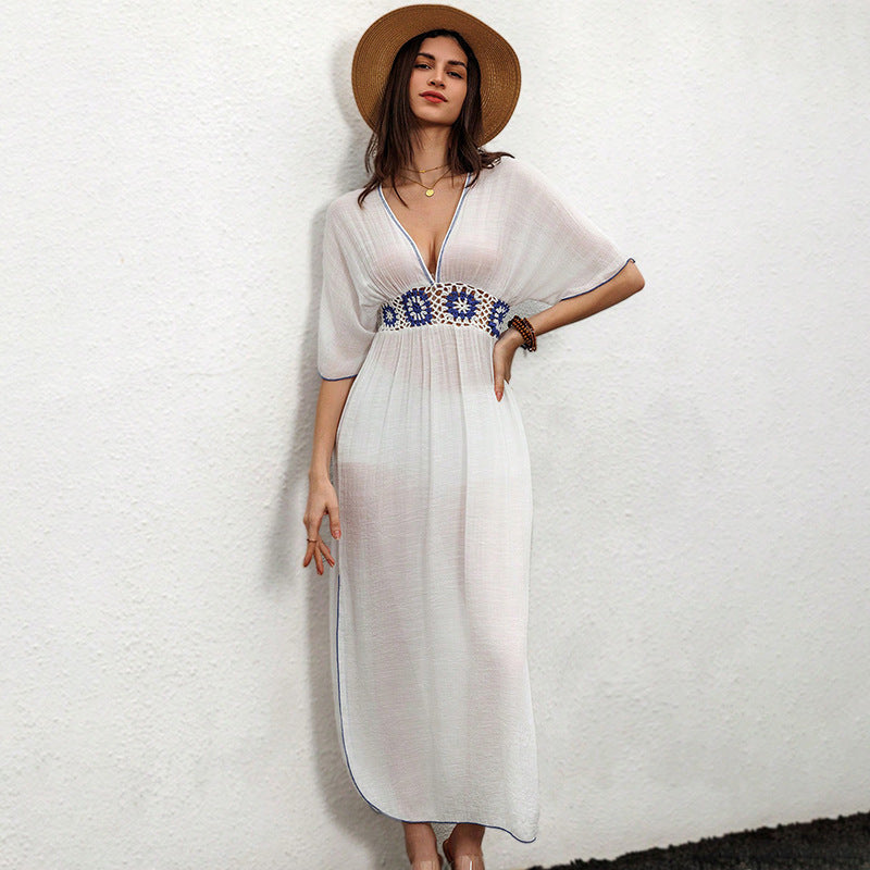 Robe d'été unie en tricot brodé pour femme, tenue de plage, protection solaire, idéale pour les vacances