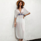 Robe d'été unie en tricot brodé pour femme, tenue de plage, protection solaire, idéale pour les vacances