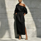Elegant Loose Linen Strapless Side Slit Design Dress with Belt Venly