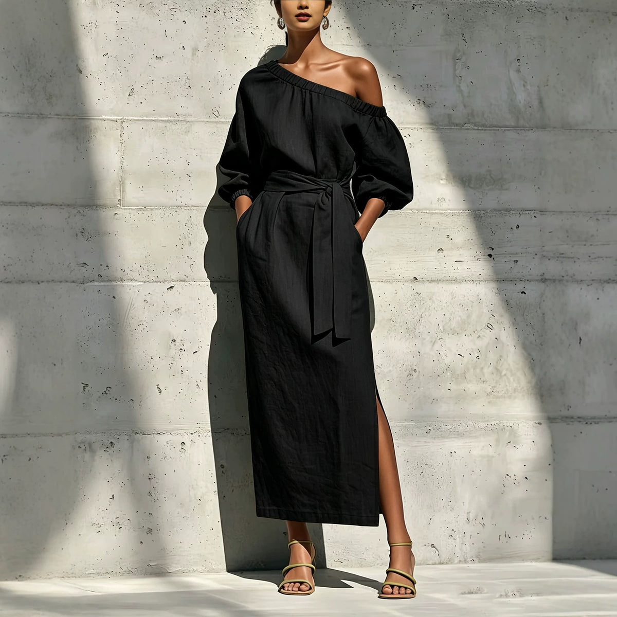 Elegant Loose Linen Strapless Side Slit Design Dress with Belt Venly