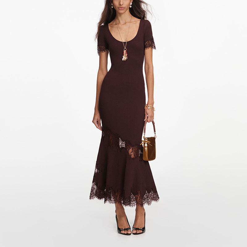 Sexy Slim Fit Slimming Dress U Shaped Big Neckline Short Sleeve Lace Stitching Fishtail Dress Ory