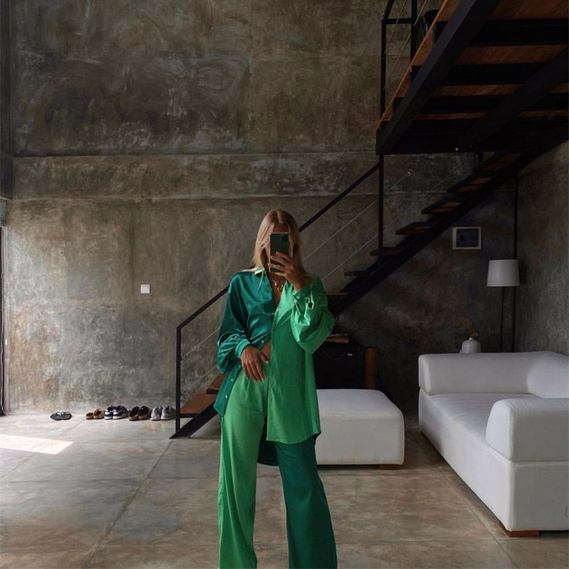 Spring Summer Satin Two Piece Set Colorblock Women Clothing Oversized Shirt Casual Straight Pants Set BESSY