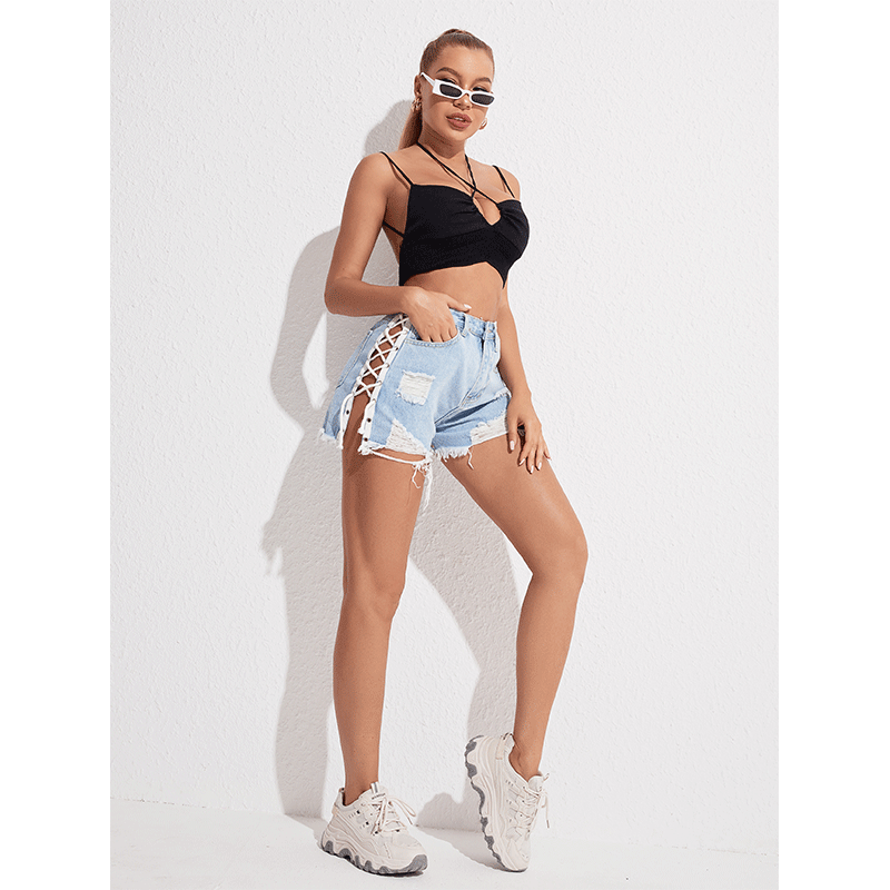 High Waist Slimming Lace-up Denim Shorts Women Summer Slim Fit Slim Fit Pants STYLEBOBON