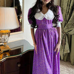 Women Clothing French Peter Pan Collar Short Sleeve Dress Purple Floral Tie Neck Slimming Dress Kigali