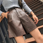 Women Simple Solid Color High Waist Button Short All Match Loose Faux Leather Shorts Venly