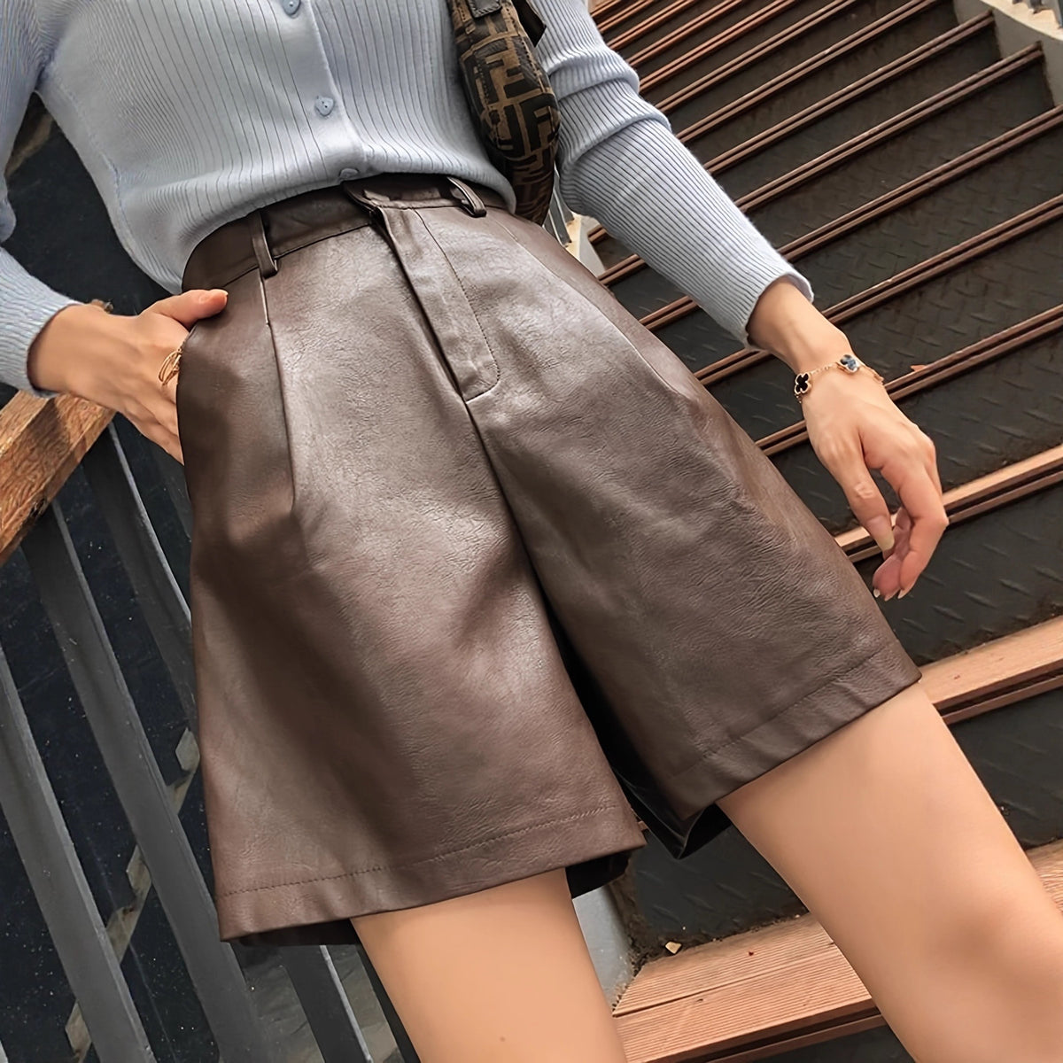 Women Simple Solid Color High Waist Button Short All Match Loose Faux Leather Shorts Venly