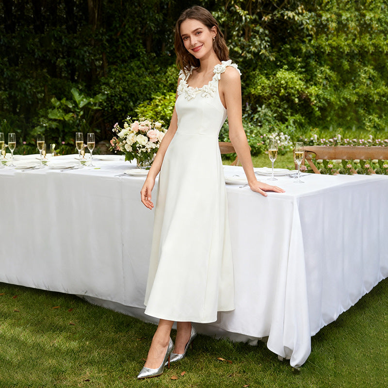 Fall Elegant Elegant Sweet Heavy Industry Three Dimensional Floral Long Patchwork Strap Dress for Women Sailfish