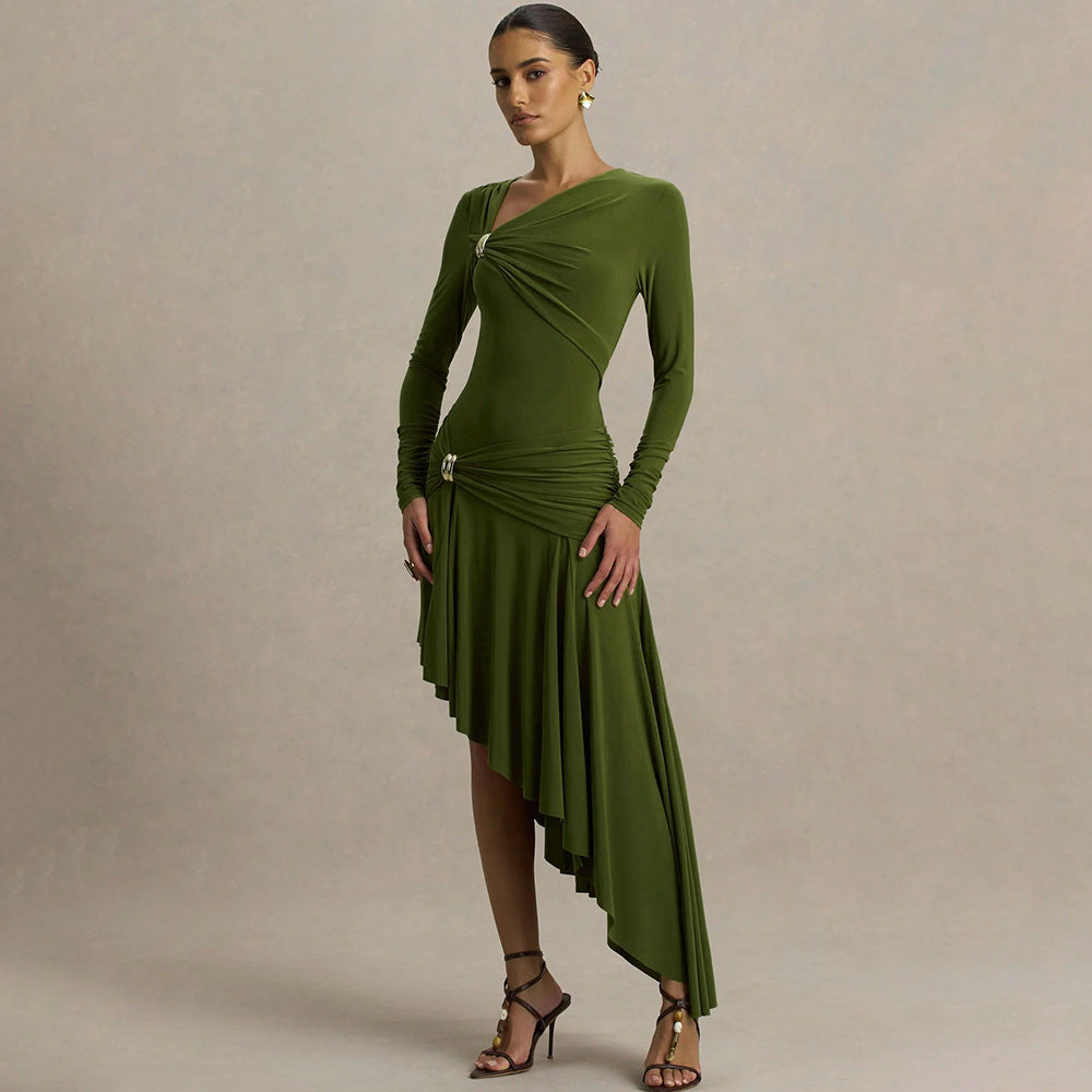 Autumn Winter Graceful Fashionable Women Slim Dress Sexy Pleated Irregular Asymmetric Maxi Dress JULISSA