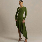 Autumn Winter Graceful Fashionable Women Slim Dress Sexy Pleated Irregular Asymmetric Maxi Dress JULISSA