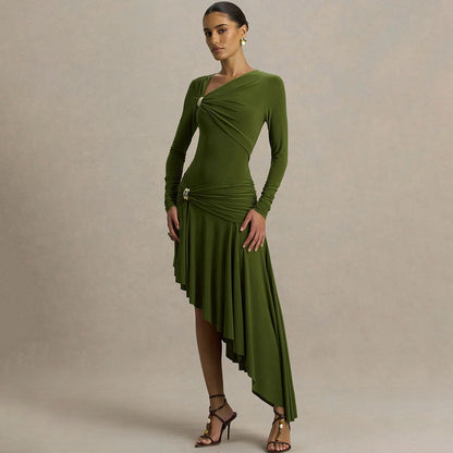Autumn Winter Graceful Fashionable Women Slim Dress Sexy Pleated Irregular Asymmetric Maxi Dress JULISSA