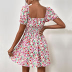 Summer Floral Waist Puff Sleeve Stitching Dress Jeme