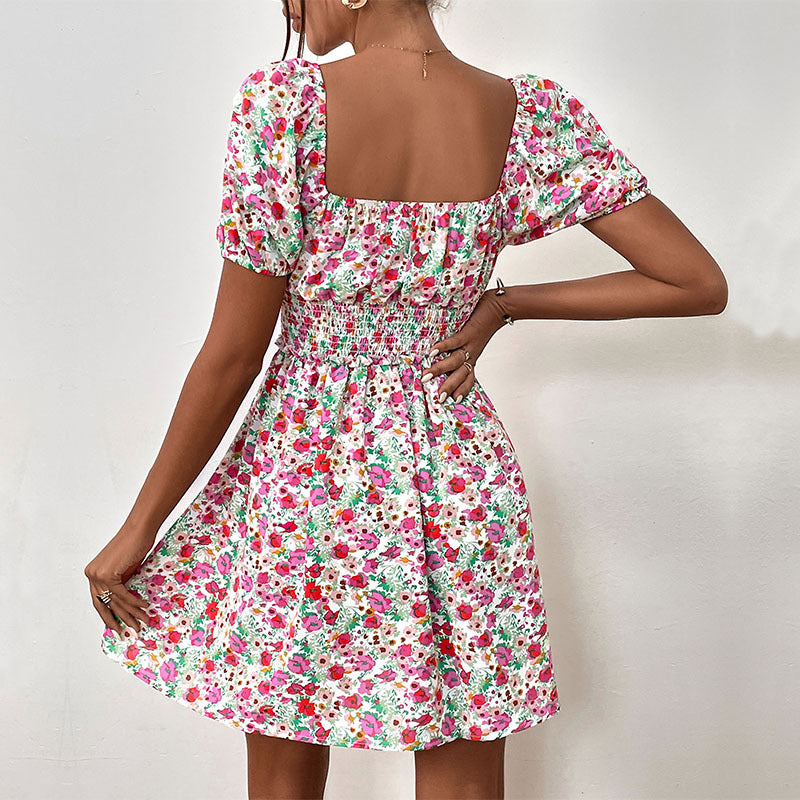 Summer Floral Waist Puff Sleeve Stitching Dress Jeme