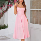 Arrival Lace Strap Dress Sexy Long Lace up Fastener Decoration A line Dress SUNSHINE