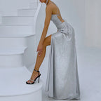 Robe de soirée cocktail sexy à paillettes, dos nu et fente, à bretelles pour femme