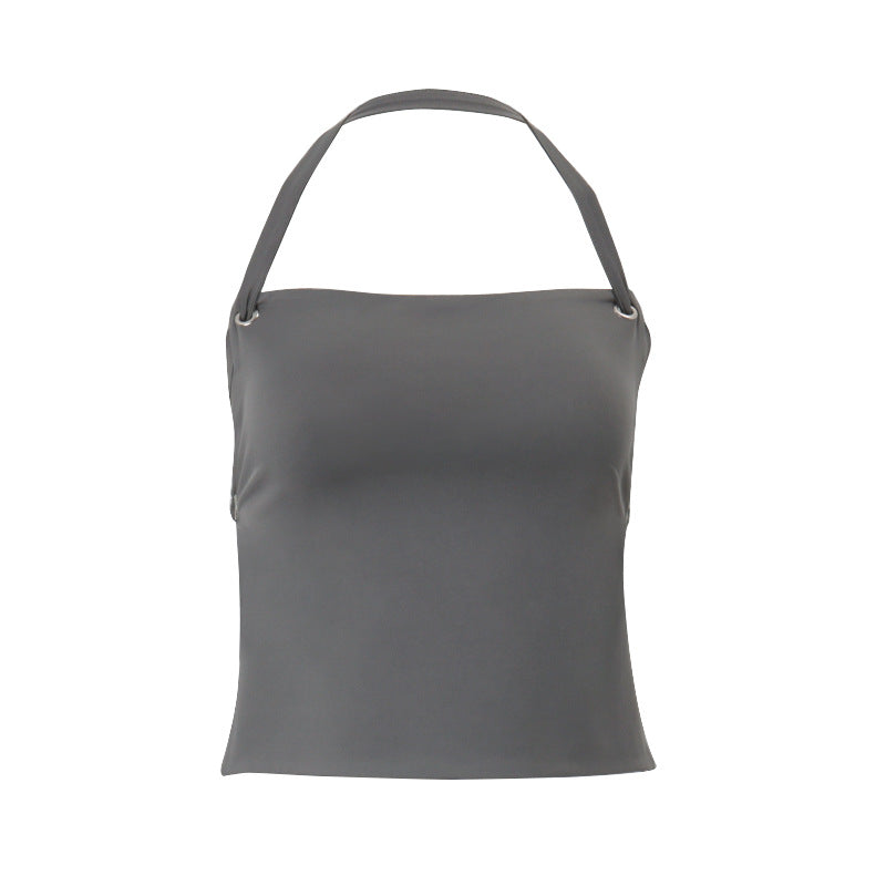 Women Clothing Summer Sexy Bare Back Slim Solid Color Short Halterneck Vest Top
