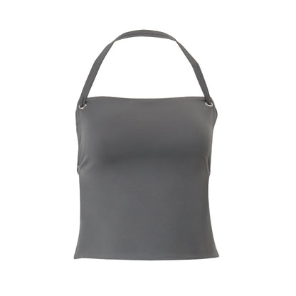Women Clothing Summer Sexy Bare Back Slim Solid Color Short Halterneck Vest Top
