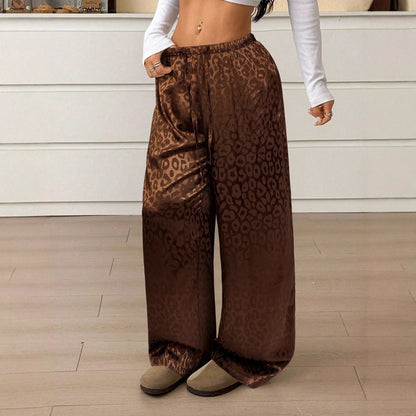 Women Clothing Autumn Satin Casual Pants Drawstring Leopard Print Mop Wide Leg Pants Long Pants