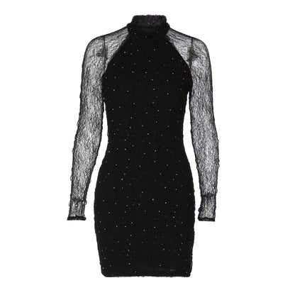 Robe fourreau sexy et moulante en dentelle à strass pour femme, manches longues, hiver.