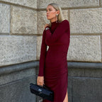 Robe longue sexy à col mi-haut et manches longues, couleur unie, fendue, coupe slim, pour femme