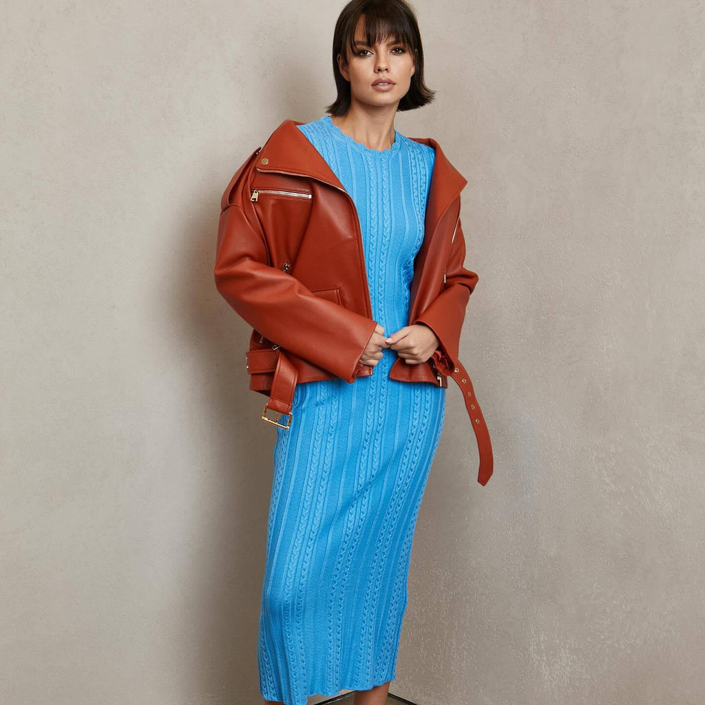 Dehaired Angora Covering Yarn Slimming Short Sleeved Knitted Maxi Dress Casual Waist Tight Twist Dress for Women Havana
