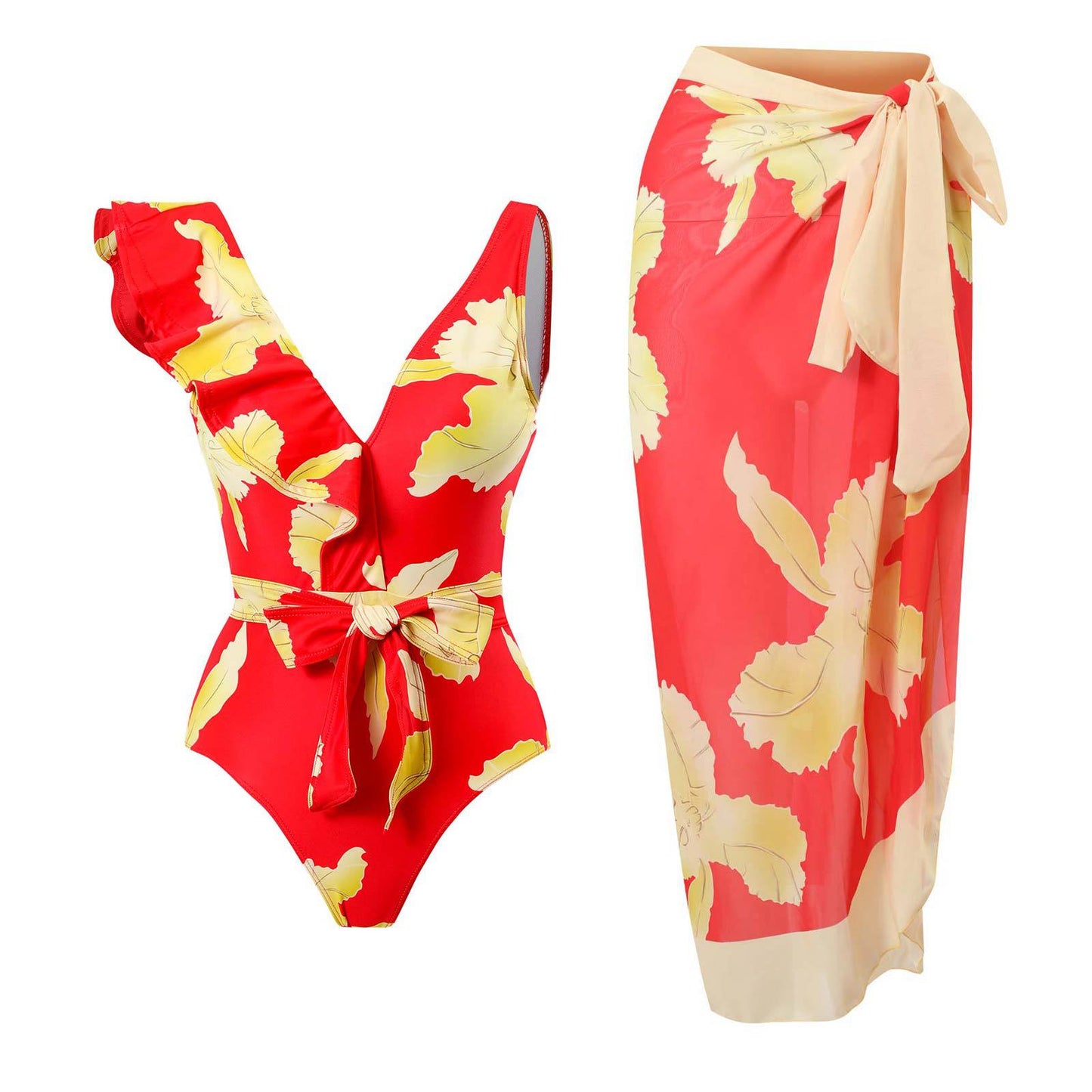 Traje de baño sexy para mujer, traje de baño vintage con volantes, bikini de gasa, conjunto de falda de playa