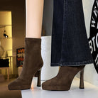 Chunky Heel High Heel Waterproof Platform Boots Women Pointed Toe Suede Stretch Single Boots Skinny Boots Nice Looking Short Boots ForestFootwear