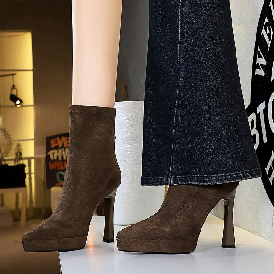 Chunky Heel High Heel Waterproof Platform Boots Women Pointed Toe Suede Stretch Single Boots Skinny Boots Nice Looking Short Boots ForestFootwear