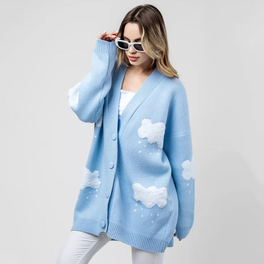 Women Turtleneck Cloud Cute Sweater Cardigan Knit Casual Daily Autumn Winter Women Coat Top