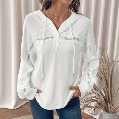 Lace Patchwork Hoodie Solid Color Casual Pullover Top Women