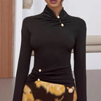 Autumn Women Top Stand Collar with Metal Pin Decoration Slim Knitted Long Sleeved Shirt Rogan