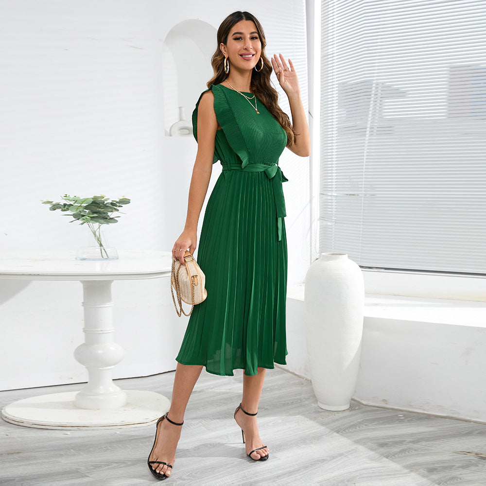 Summer Ruffle Sleeve Folding Pleated Dress Solid Color Plus Size Dress RUIGGE
