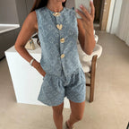 Summer Loose Sleeveless Denim Shorts Set Casual High Waist Two Piece Set YooYoung