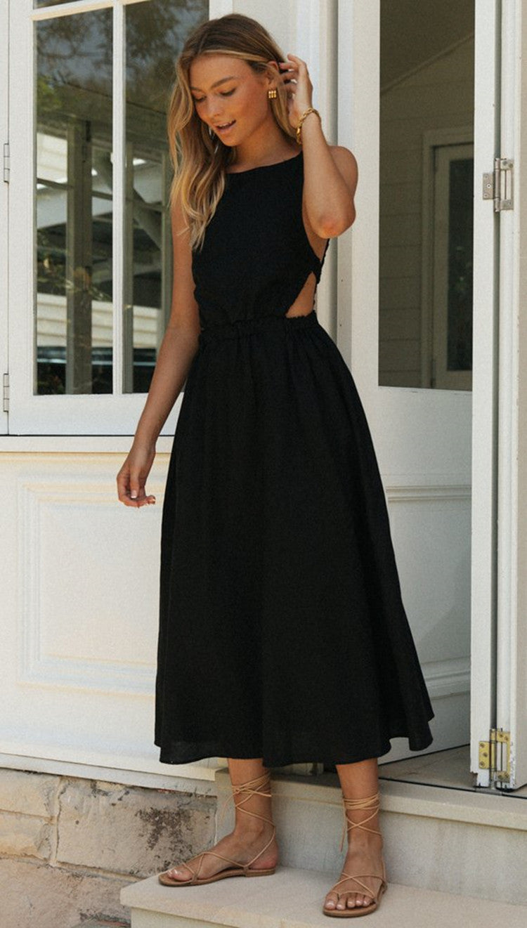 Women Solid Color Sleeveless round Neck Sexy Backless Maxi Dress Large Swing Dress VIVIAN