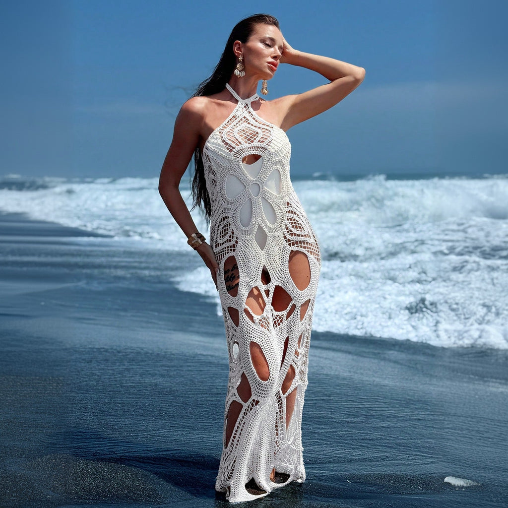 Solid Color Sexy Cutout Halter Beach Cover up Bikini Swimsuit Beach Dress Women Mangar