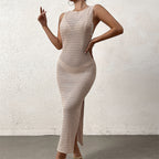 Knitted Dress Sexy Hollow Out Cutout Split Sheath Sleeveless Sling Long Smock Dress SUNSHINE