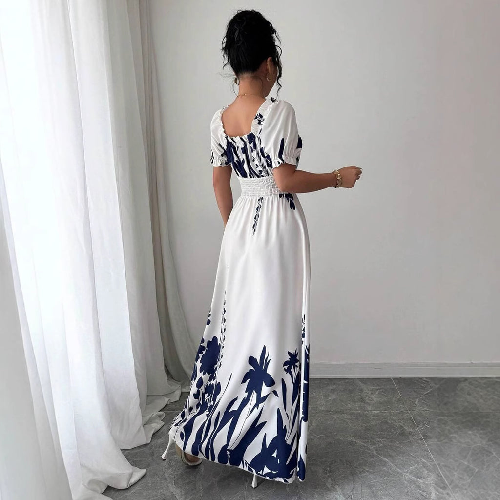 Summer Bubble Sleeve High Waist Tight Waist Women Printed Wear Large Swing Sling Dress SCC