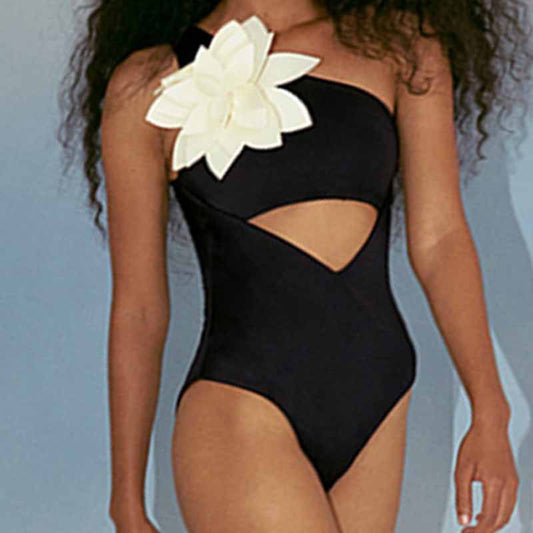 Traje de baño de una pieza con estampado floral tridimensional, sexy, de un solo hombro y sin espalda, con decoración 3D para mujer