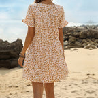Summer Women Clothing Short Sleeve Ruffled Round Neck Printed Seaside Holiday Dress HUNDRED