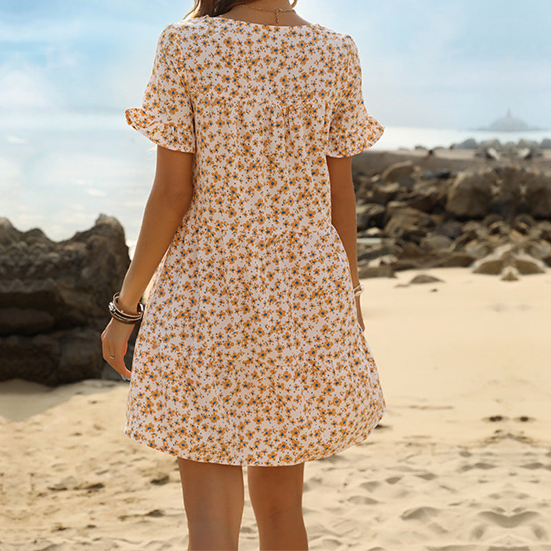 Summer Women Clothing Short Sleeve Ruffled Round Neck Printed Seaside Holiday Dress HUNDRED