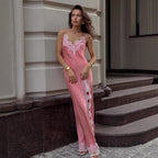 Lace Spaghetti Strap Maxi Dress Summer Artificial Silk Sexy Slit Stitching Lace Dress Women BlueLine