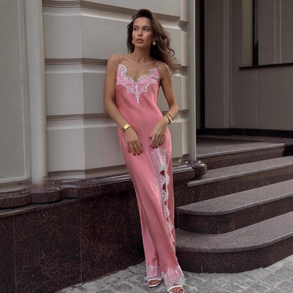 Lace Spaghetti Strap Maxi Dress Summer Artificial Silk Sexy Slit Stitching Lace Dress Women BlueLine