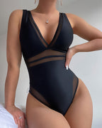 Maillot de bain une pièce en fil filé de couleur unie pour femme, décolleté en V profond, sexy, printemps